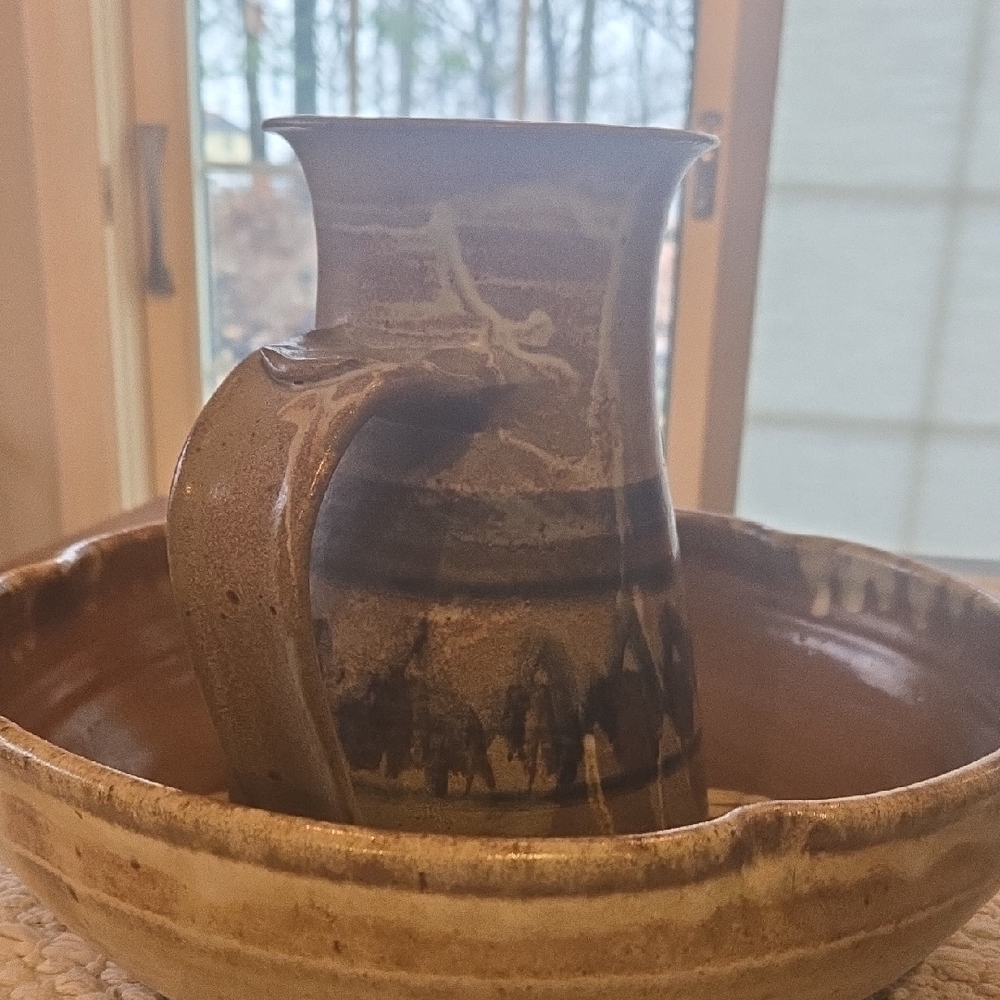 Artisan Ceramic Pitcher and Bowl Set - Brown & Tan Glaze